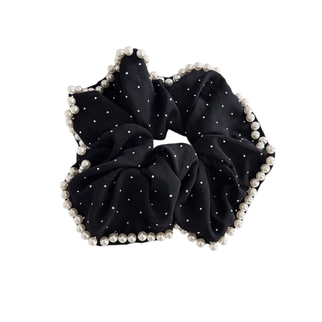 Scrunchie – Schwarz mit Perlen & Strass – Eleganter Retro-Stil