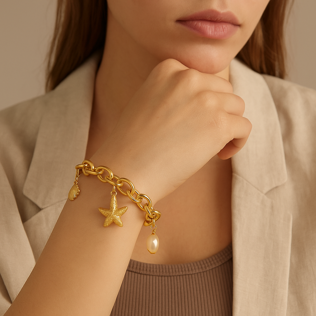 Sophia – Bracelet en acier inoxydable avec coquillage et étoile de mer