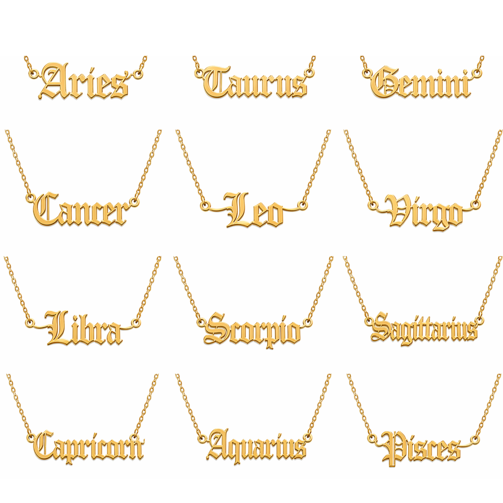 Zodiac Script – Sternzeichen Halskette im Old English Stil aus Edelstahl vergoldet