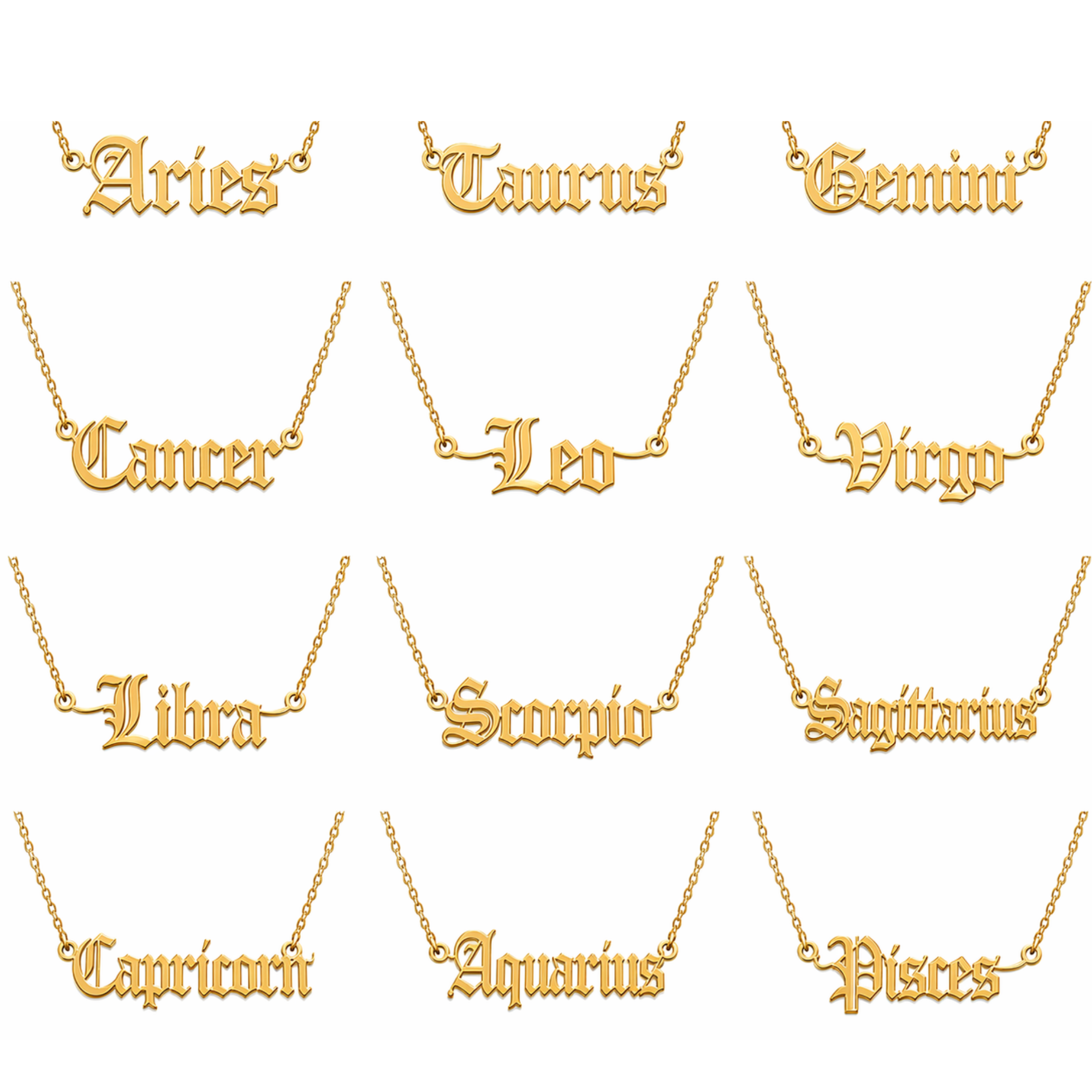 Zodiac Script – Sternzeichen Halskette im Old English Stil aus Edelstahl vergoldet