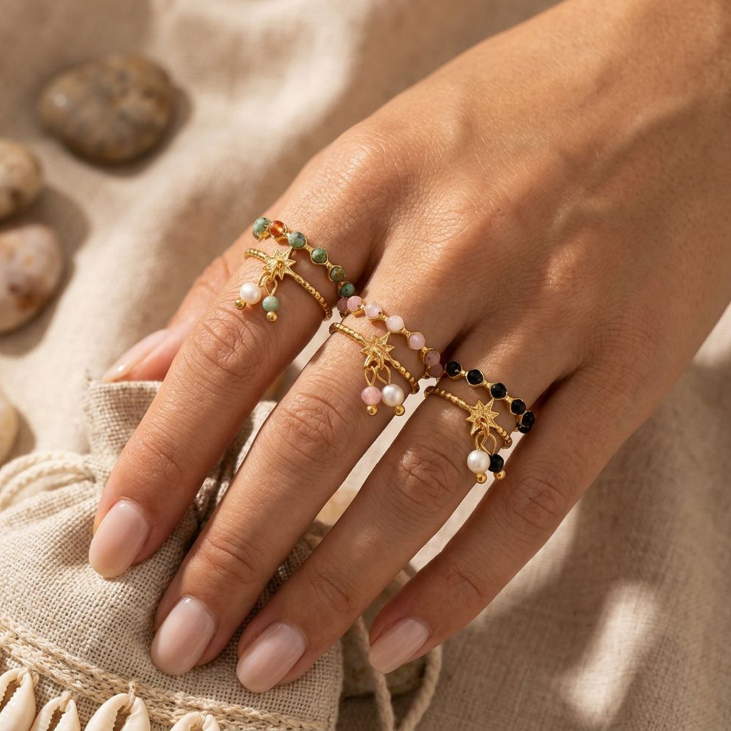 Celestial Charm – Verstellbarer Stern Ring mit Naturstein