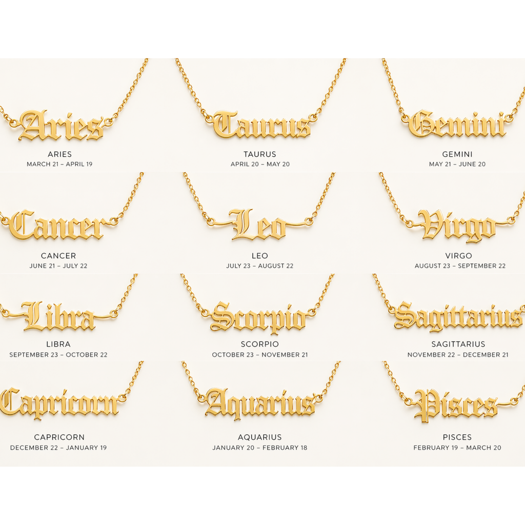 Zodiac Script – Sternzeichen Halskette im Old English Stil aus Edelstahl vergoldet