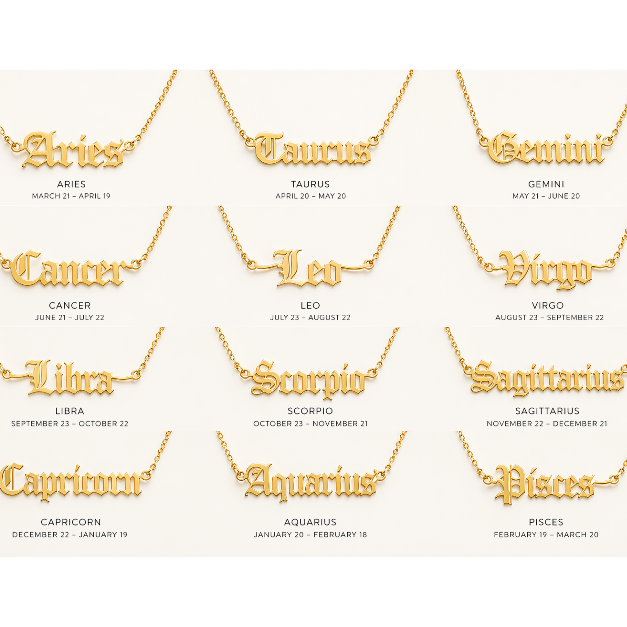 Zodiac Script – Sternzeichen Halskette im Old English Stil aus Edelstahl vergoldet