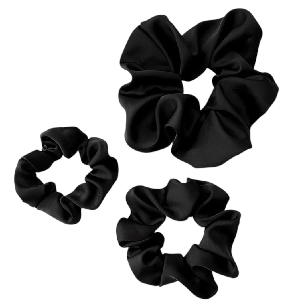 Chouchous en satin de luxe – Lot de 3 élastiques à cheveux noirs
