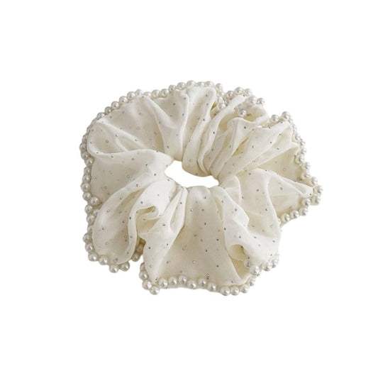 Scrunchie – Weiss  mit Perlen & Strass – Eleganter Retro-Stil