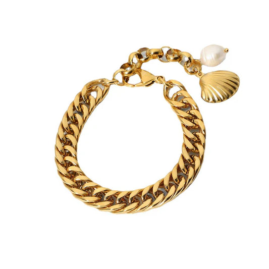 Ocean Luxe Armband – 18K Vergoldete Panzerkette mit Muschel & Süsswasserperle